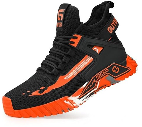 Mens Safety Shoes Boots Steel Toe Cap Work Trainers Sneakers Lightweight Slip Resistant Water Resistant Breathable Protective Trainers (11 UK) Black Orange