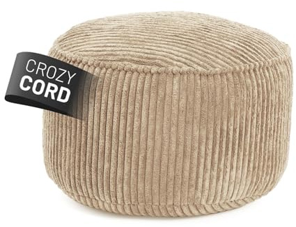 Lumaland Puf de Pana Compacto para Juegos de 50 l con Función 3 en 1: Cómodo Taburete, Práctica Mesa y Elegante Reposapiés Interior | Ø 25 x 45 cm [beige]