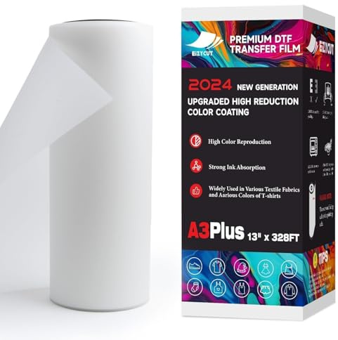 EIZYCUT DTF Transferfolienrolle, 33 cm x 100 m, A3 Plus Premium DTF Filmrolle, doppelseitig, matt, PET-Wärmeübertragung, DTF-Papierrolle für alle dunklen Stoffe, Textilien und Farben, T-Shirts