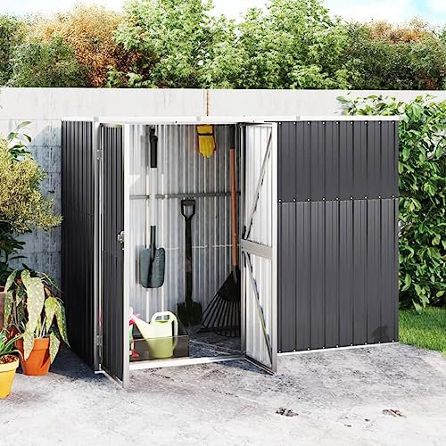Hommdiy Geräteschuppen Gartenhaus mit Schiebetür,Schwingtür,geräumiger Gartengeräteschuppen,Metallgeräteschuppen mit Satteldach, Gartengeräteschrank,verzinkter Stahl,Anthrazit,225x89x161cm