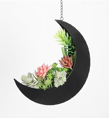 Hanging Moon Planter for Room Decor Succulents,Air Plant,Cactus,Faux,Artificial Plants Boho Rustic Metal Planters,Gifts for Women,Birthdays,Nursery (Black)