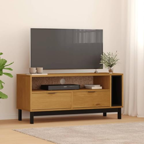 Homgoday Massiver Kiefernholz-TV-Schrank 110x40x50 cm FLAM mit 2 Schubladen und Regal, Wohnzimmermöbel Model357820