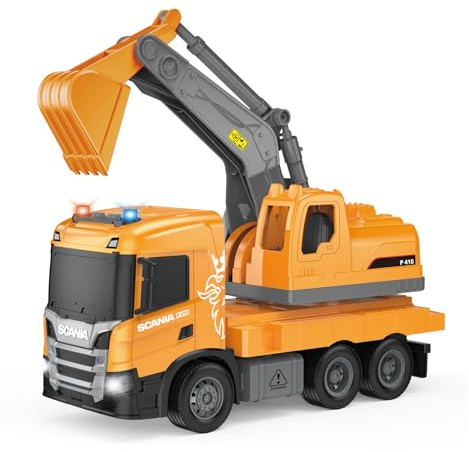 Cheerful Toys Bagger Spielzeug Kinder - Scania 30,5cm Baustellenfahrzeuge Sandkasten mit Licht und Sound, LKW Bagger kinderspielzeug für Jungen 3 4 5 6 Jahre