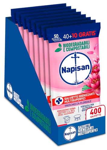 Napisan Salviette Igienizzanti Multisuperfici Freschezza Floreale, Confezione da 8 Pacchi da 50 Salviette Igienizzanti Biodegradabili e Compostabili