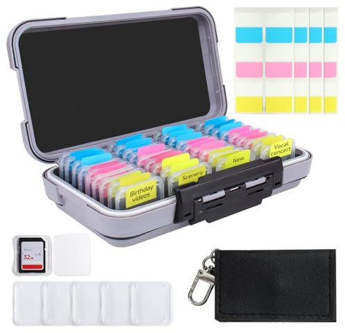 Micscrew 36 ranuras para tarjetas SD con 36 fundas transparentes para tarjetas, caja para tarjetas SD gris claro para cámaras con fundas de plástico individuales, organizador para tarjetas SD