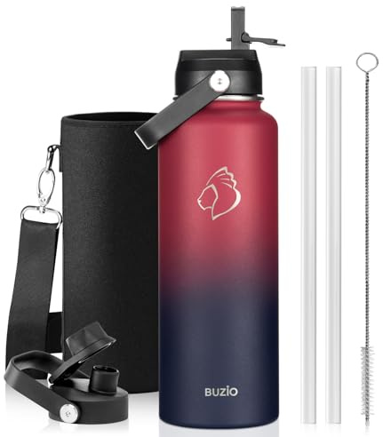 Botella de agua aislada BUZIO de acero inoxidable triple vacío con 2 tapones, hermética, sin BPA, tapón con pajita, botella deportiva, mantiene frío 48h y caliente 24h, Rubí Rojo