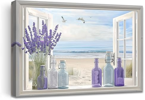 LZIMU Purple Bathroom Decor Lavender Wall Art Beach Pictures Windows Landscape Poster Floral Paintings Rustic Flowers Prints Home Decor Framed (Purple, (16 x 24))