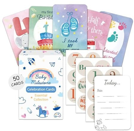 HAGOT 50 Pcs Tarjetas de Hitos Mensuales para Bebés, Mensuales para Bebés para Seguir los Hitos más Especiales, Tarjetas Bonitas Cumple mes Bebe, Regalo Perpercto Recién Nacido