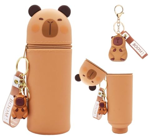 ZGCXRTO Capybara Stiftetasche & Schlüsselanhänger Set, weichem Silikon 2in1 Schulmäppchen, Kawaii Tischstifthalter Federmäppchen, Reißverschluss, Buntstifte Marker Mäppchen Tiere mit Schlüsselring