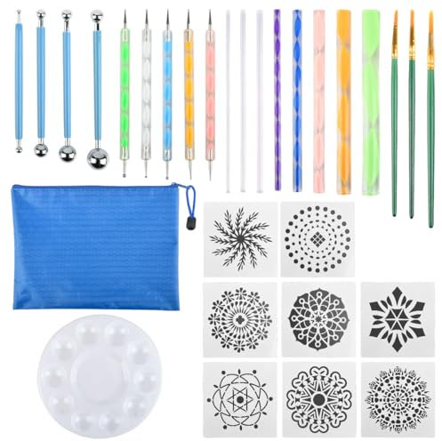 TIMESETL 30 Stück Mandala Dotting Tool Set, Mandala Rock Punktierungs Werkzeug, Dot Painting Werkzeug, Schablone, Palette, Punktierstifte, Acrylstäbe, für Painting Stones, Nail Art Dotting Tools