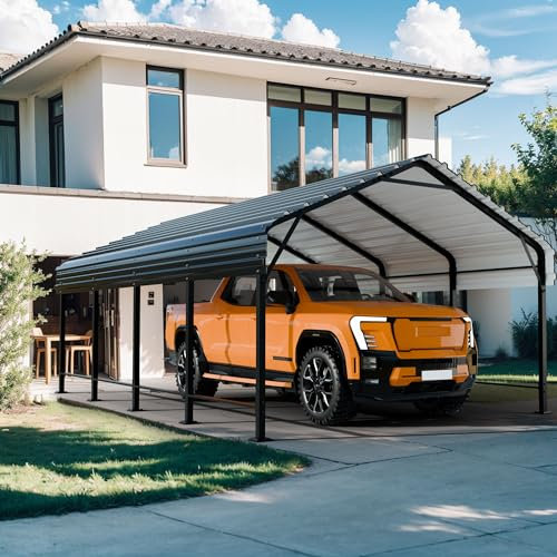 Shintenchi Abri d'auto surdimensionné en métal de 3,7 x 6,1 m avec Base améliorée, abri d'auto galvanisé d'extérieur très résistant avec Toit et Cadre en Acier, pour Voiture, Bateaux et tracteurs