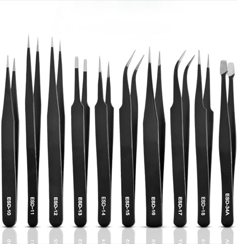 Set di 10 pinzette di precisione, antistatiche in acciaio inox, con custodia, per artigianato, elettronica, creazione di gioielli, lavori di laboratorio, saldatura, fai da te (A1)