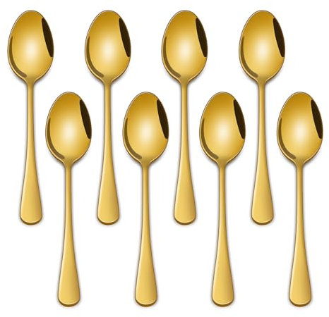 Lot de 8 cuillères à café de 14 cm en acier inoxydable doré pour thé et café, cuillères à expresso en métal poli miroir, passent au lave-vaisselle