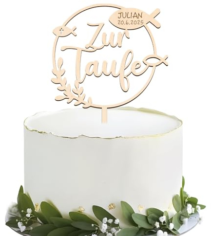 BOOMTOP Cake Topper Zur Taufe Personalisiert Name Tortendeko Holz Taufe Kommunion Fisch Kuchen Cupcake Topper Kuchendekoration zum Beschriften Kuchenstecker Kuchenaufsatz 21,5x14cm