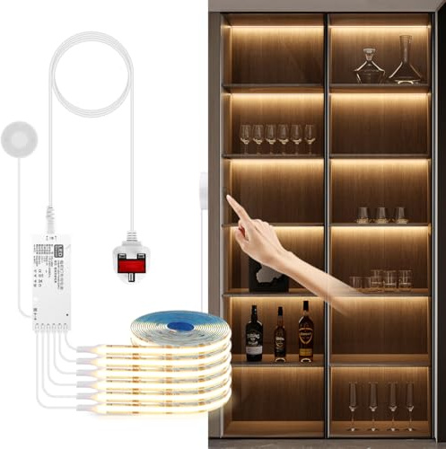 tlinkosta Cabinet Light COB LED Strip Lights 6-in-1 Dimmable Touch Control for Display Cabinets, Wardrobes, Kitchen, Wine Cabinets, Showcase & Shelf Lighting (Warm Light, 6.6ft)