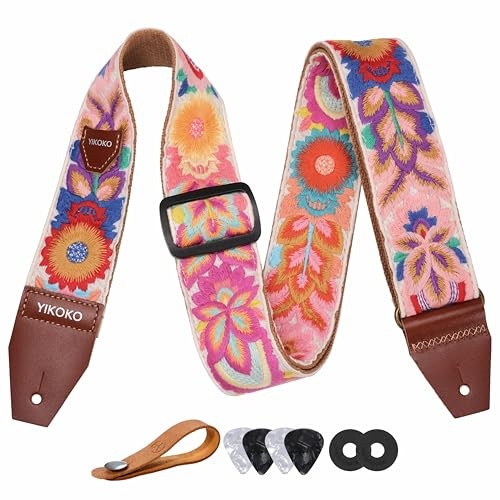 YIKOKO Guitar Strap，2 inch Flower Knit Cotton Guitar Straps with Full Grain Leather End, for Bass Electric and Acoustic Guitars, Free Strap Button, 2 Strap Locks and 4 Guitar Picks