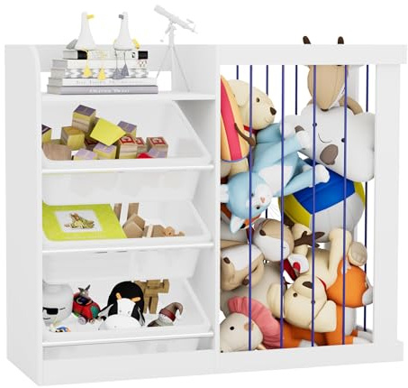 KEEPREAPER 2 in 1 Kinderregal mit 3 Aufbewahungsbox aus Kunststoff, Spielzeugtruhe Holz, Spielzeug Aufbewahrung, Spielzeugregal für Kinderzimmer, 95x34x80cm (Weiß)