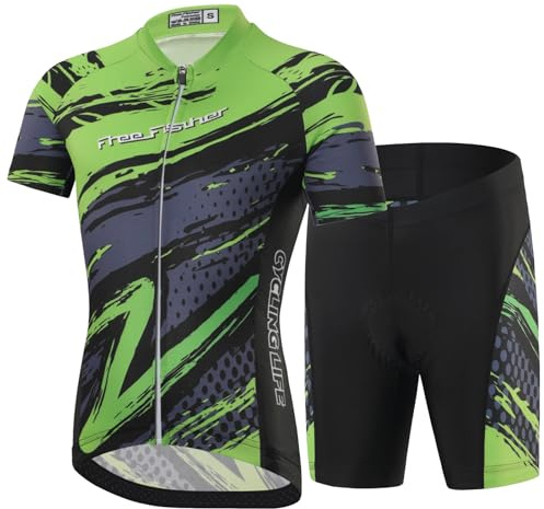 Amur Leopard Traje de Ciclismo Niños Niñas Maillot Ciclismo de Secado Rápido Conjunto Camiseta de Bicicleta de Manga Corta Pantalones Cortos, Verde-Conjunto, XXXL/12-13 Años