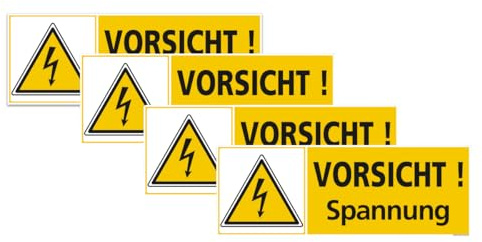 Signalétique.biz France - Set mit 4 - Vorsicht Spannung Schild aus PVC – Warnschild Elektrische Gefahr | Gelb/Schwarz mit Piktogramm | 350x125 mm
