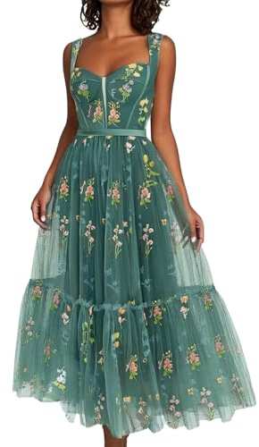 Robe de bal en tulle brodée florale pour femme - Corset long - Bretelles spaghetti - Robe maxi vintage élégante - Robe de soirée d'été légère et respirante - Robe de plage formelle à volants, O vert