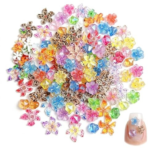 NOPVUFA 120 Pcs Charms Ongles 3D Fleurs - Bijoux Ongles Nail Art Strass - Décoration Ongle Fleur 3D pour Manucure Été, Coque de Téléphone et DIY Artisanat - Couleurs Translucides Mixtes