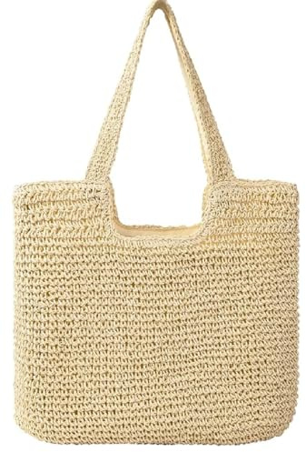 Joyhere Strohtasche Damen Groß Stroh Handtasche, Sommer Gewebte Stroh Umhängetasche Strandtasche Mit Reißverschluss, Boho Stil Tasche Shopper Schultertasche Für Urlaub Reisen Strand