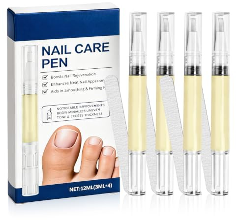 Nagelsvampstift 4 stycken med 4 nagelfilremsor | Nail Care Pen, naturliga växtextrakt, för skadade, trasiga och förtjockade tånaglar