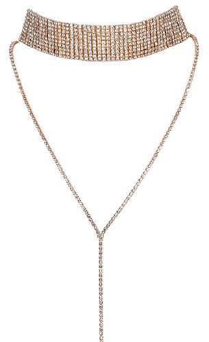 JewelryWe Schmuck Frauen Damen Multi Reihen Strass Choker Halskette Pullover Lange Kette mit Anhänger Halsband Gold