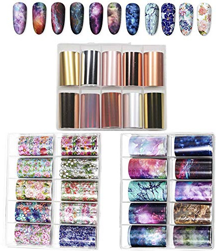 Kalolary 30 Rolls Transferfolie Nailart, Transferfolie Nägel Nagelfolie Aufkleber, Nailart Folie Transfer Nail Art Fittings Nagel Sticker Nagelfolien Set Glänzende Deko DIY Nagelschmuck