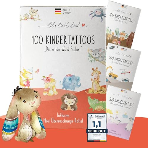 Tattoos für Kinder - Safari - 100 Stk., hautfreundlich (6 Bögen) | Hautfreundliche Kindertattoos: Made in Germany, dermatest getestet, BHT- & talkumfrei. Tolle temporäre Tattoos.