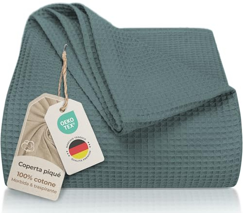 LAYNENBURG Premium Tagesdecke 180 x 220 cm - Waffelpique 100% Baumwolle - leichte Wohndecke Waffeloptik - Baumwolldecke Bett-Überwurf, Sofa-Überwurf, Couch-Überwurf - Sofa-Decke (Blau Mirage)