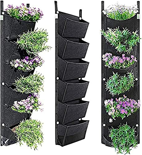 Denxahao Senkrechter Pflanztaschen Hängend Pflanzenwachstumstaschen, Vertikale aufhängbare Pflanztasche mit 6 Taschen, Vertikale Pflanzwand für Gärten, Höfe, Balkone, Terrassen Dekoration (Schwarz)