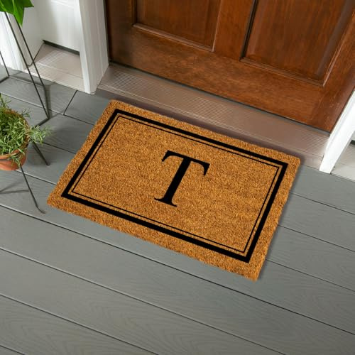 Evergreen Flag Monogram Letter T Entrance Doormat | 28 x 16 inches | Dirt Catching Natural Coir | All-Season | Non-Slip Backing | Indoor and Outdoor Home Decor