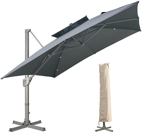 LKINBO Sonnenschirm Quadratisch 300 x 300 cm mit Ständer und Kurbel, Groß Ampelschirm Neigbar 360°Drehbar Parasol Windfest Gartenschirm Wasserdicht Marktschirm für Garten Deck Outdoor, Grau