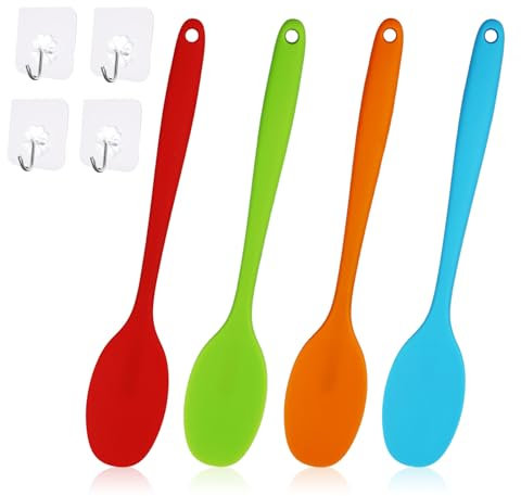 Set di 4 cucchiai in silicone, cucchiai da 27,9 cm, resistenti al calore, utensili da cucina in silicone, cucchiaio in silicone per cucina (27,7 cm di lunghezza), con 4 ganci Tr