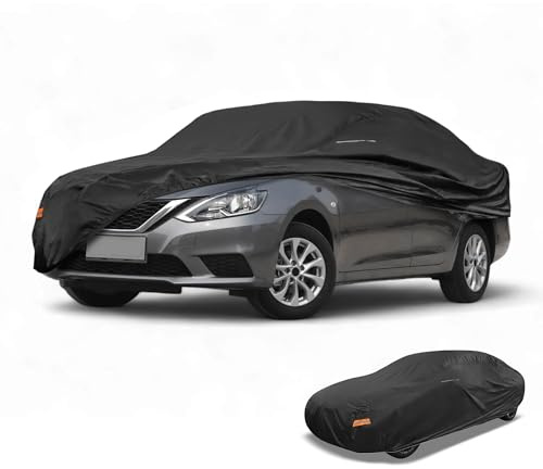 Partuto Universal Sedan bilöverdrag vattentätt alla väder regnskydd heltäckande ytterskydd med spegelfickor 210D-PU svart passform för sedanlängd 487 cm till 528 cm
