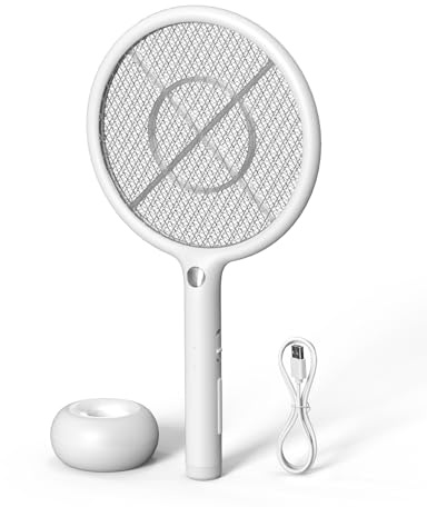QEXREED Racchetta Zanzare Elettrica, 4000V Alta Potenza Antizanzare, Ricaricabile USB Con Luce LED Di Richiamo, Griglia Di Sicurezza A Triplo Strato, Per Uso Domestico Ed Esterno, Bianco