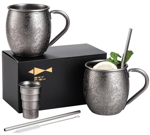 SKY FISH Tazze da Moscow Mule, Bicchieri per Cocktail in Rilievo 3D, Tazze da Vino in Acciaio Inox da 500 ml, Lavabili solo a Mano, Finitura Vintage Grigia Spazzolata