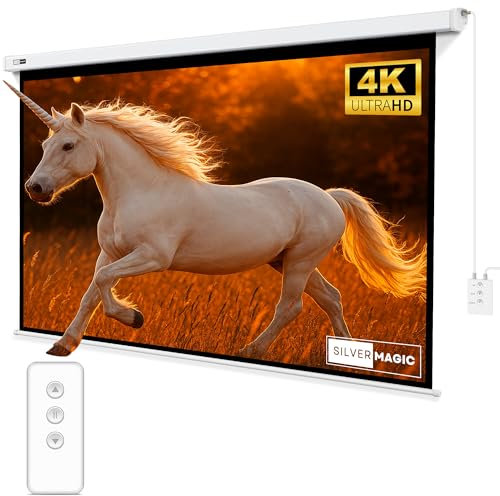 Anti-Curling Motorized Projector Screen for Non-UST by SilverMagic and Modern Design Indoor/Outdoor White Screen with White housing for Home Theater/Living Room/Patio/Office/Classroom 84 inch 16:9