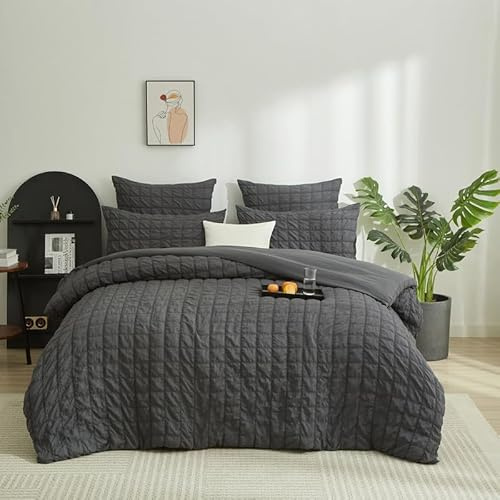 Gezu Seersucker Sängkläder, grå, 155 x 220 cm, rutig, sjal, sommar, ventilerande, kylande sängkläder, modern, romantisk, vändbar sängkläder, set, påslakan 155 x 220 och 2 örngott, 80 x 80 med