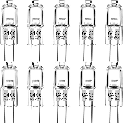 Haraqi 10 Pack G4 Halogen Bulbs, 12 Volt 20 Watt Bi-Pin Halogen Bulbs | Dimmable for Ceiling Lights, Table Light, Cabinet Lights, Warm White Brightness