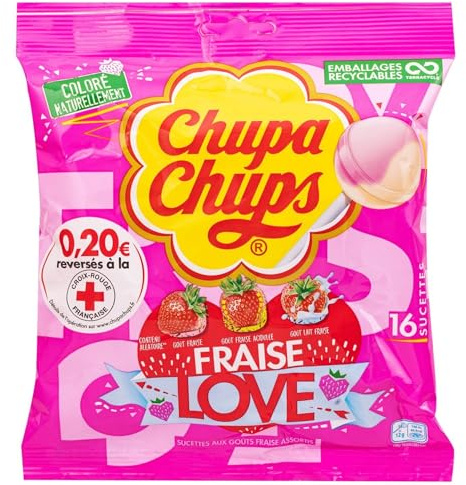 CHUPA CHUPS – Sucettes Fraise Acidulée, Plaisir Fruitée à Croquer, Sachet 192g (16 unités) - Le lot de 4