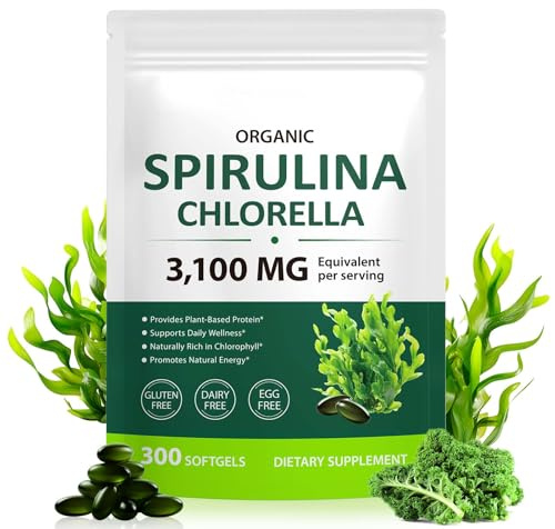 Organic Spirulina Capsules - 3100MG Per Serving, Spirulina Chlorella Powder Supplement, Green Algae Supplement Rich in Chlorophyll, Vegan & High Protein Non GMO, 300 Capsules