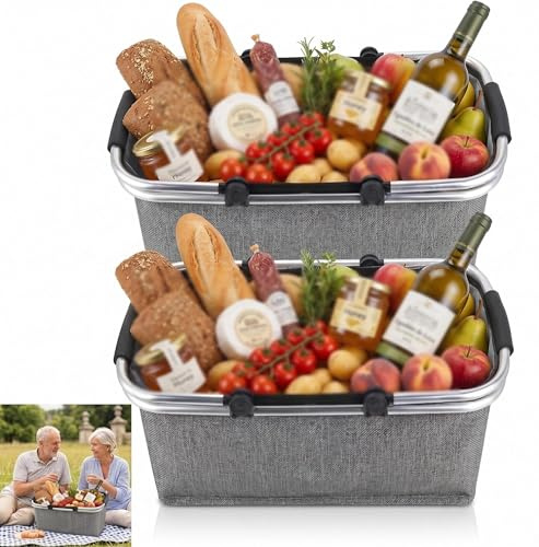 Vikbar, shoppingkorg med kylfunktion, termo som picknickkorg, bärkorg, för picknick, resor, shopping, 18 l, 2 stycken (grå)