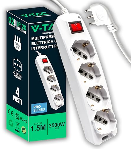 V-TAC Multipresa Elettrica 4 POSTI con Interruttore e Cavo da 1,5 Metri - 4 Prese 10/16A Bipasso + Schuko - Spina 16A - Ciabatta Presa Elettrica per Casa, Ufficio, Negozio - Colore Bianco