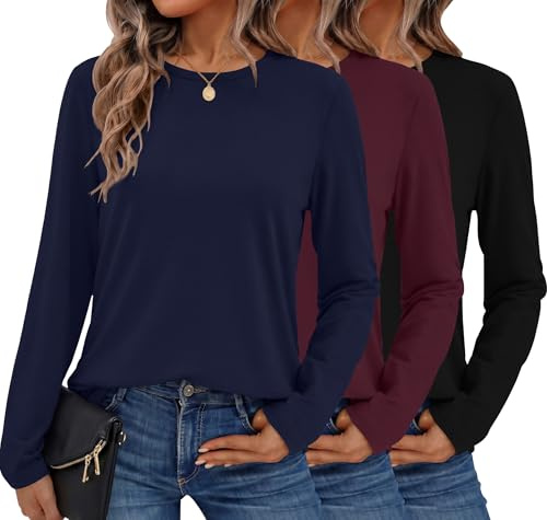Ekouaer 1/3 Pack Womens Tops Long Sleeve T Shirts Soft Basic Tunic Top | Casual Ladies T Shirt, Round Neck Tshirts, Autumn Winter, Comfortable & Lightweight, Easy to Match, Going Out, Office
