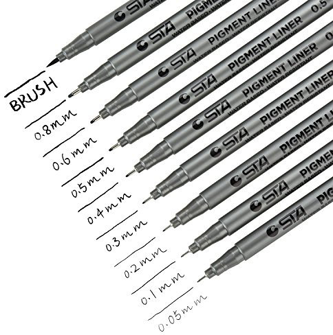 DealKits 9 Fineliner Stifte, Wasserdicht Pigmentliner Set(8 Linienbreiten und 1 Brush) Zum Skizzieren, Künstler Illustration, Tchnische Zeichnung, Office-Dokumente - Schwarz