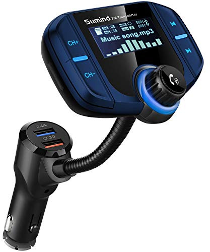 Sumind 2026 Upgraded Wireless Bluetooth Car Adapter FM Transmitter, 1.7'' LCD Display, Flexible Gooseneck, 20W QC3.0&Dual USB Ports, AUX Input/Output for Hands-Free Call, Micro/TF Card(Blue,Normal)