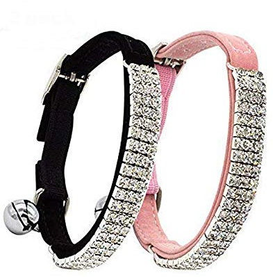 CHUKCHI Mjuk sammet säker katt justerbar krage bling diamant med klockor, 28 cm för små hundar och katter (svart + rosa)