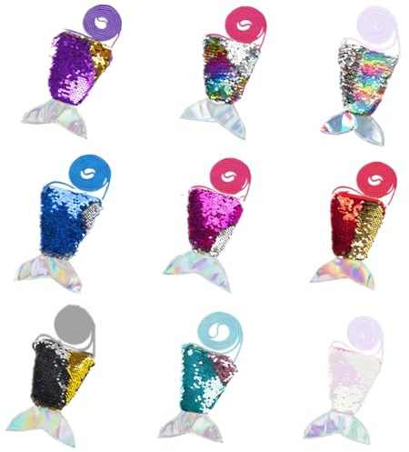 Tangger 9 Stück Meerjungfrau Tasche Kinder,Geschenktüten Partytaschen Kinder,Geburtstagsparty Meerjungfrau Schwanz Pailletten Tasche,Geldbörse Umhängetasche für Kinder